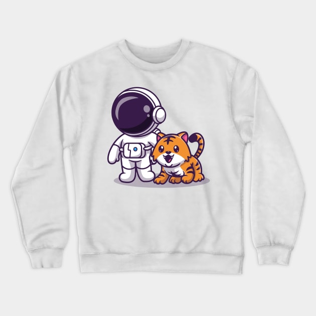 Cute Astronaut With Cute Tiger Cartoon Crewneck Sweatshirt by Catalyst Labs